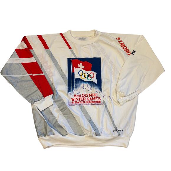Vtg Adidas St Moritz 2nd Winter Olympic Games 1928 Pullover Mens L White *FLAW* - Picture 1 of 16